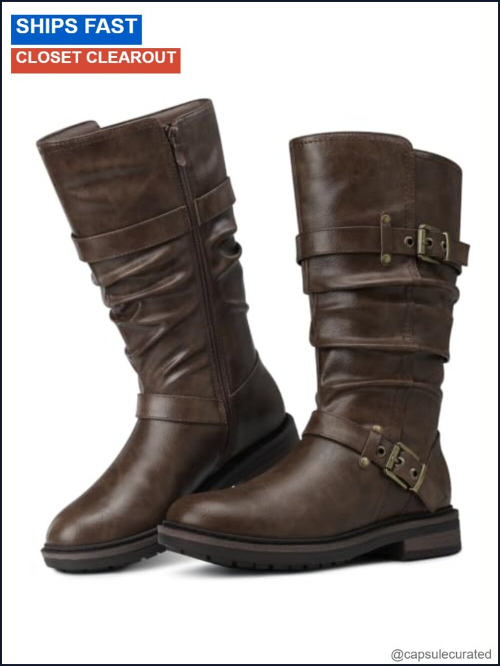 Women's Mid-Calf Wide Calf Riding Boots with Low Heel Side Zipper Faux Leather